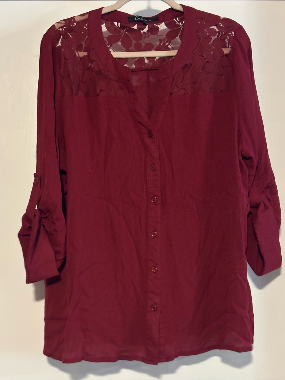Calessa Women's Wine Lace-Yoke Button Front Shirt